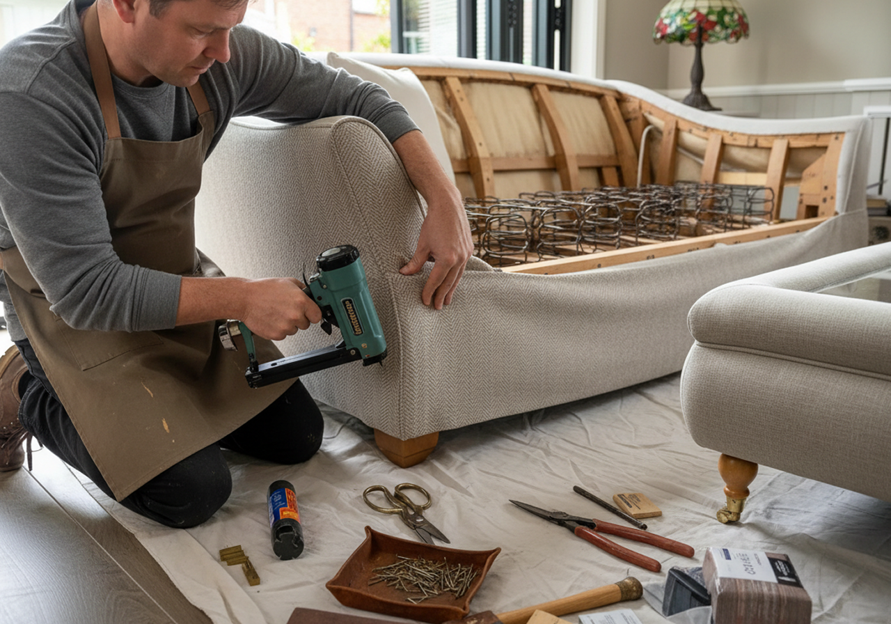 Neutral linen furniture upholstery on loveseat